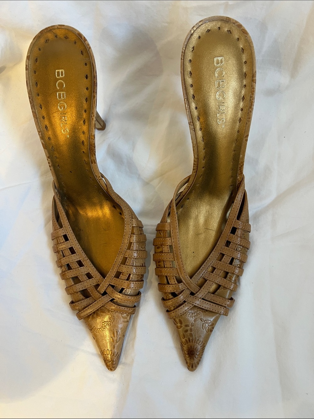 BCBGirls Tan Braided Pointed-Toe Mule Heels